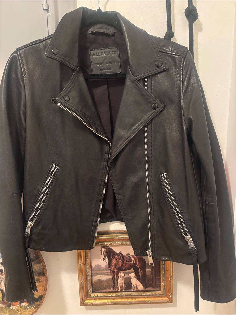 All Saints Black Leather Moto Jacket with Silver Hardware